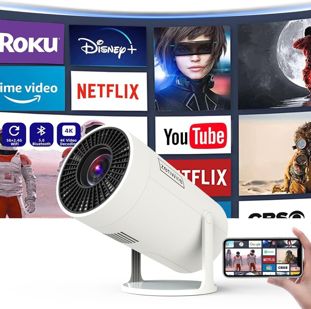 A projector is shown in front of a screen displaying various streaming service logos and images.