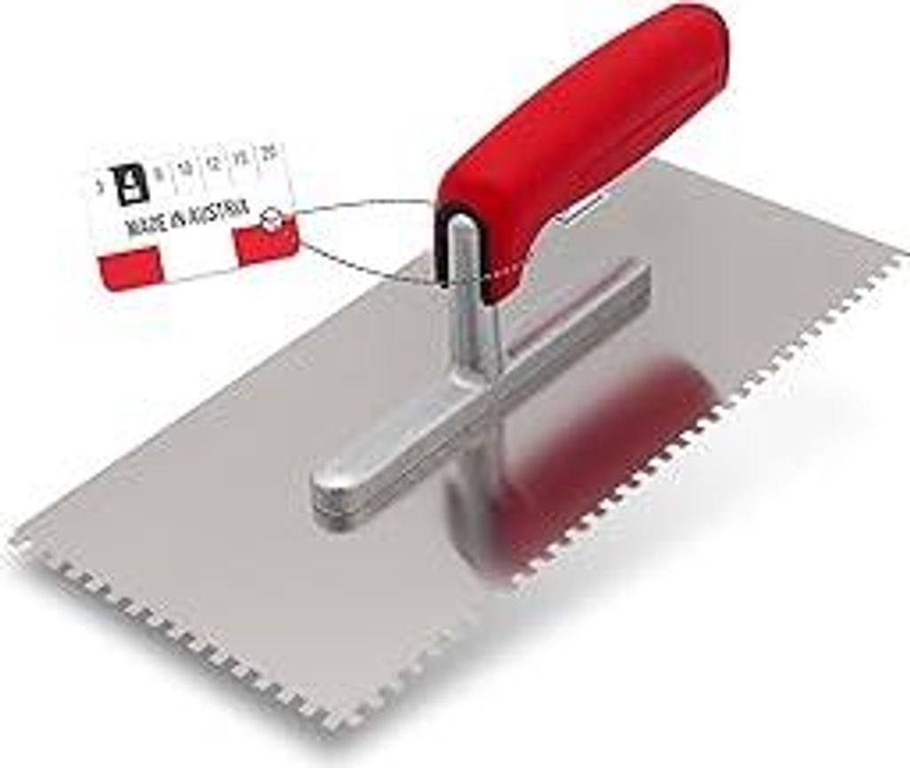 Zahnkelle aus Edelstahl 3 mm - Glättekelle gezahnt Rostfrei - Zahnspachtel mit Softgriff - Traufel Hergestellt in Österreich 280x130mm (4x4mm)