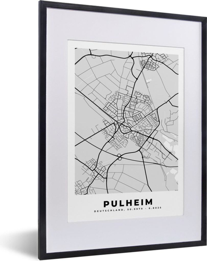 MuchoWow Gerahmtes Poster Pulheim - Stadtplan - Deutschland - Karte 30x40 cm - Poster mit Schwarzem Bilderrahmen Wandposter Rahmen Foto Bilder - ...