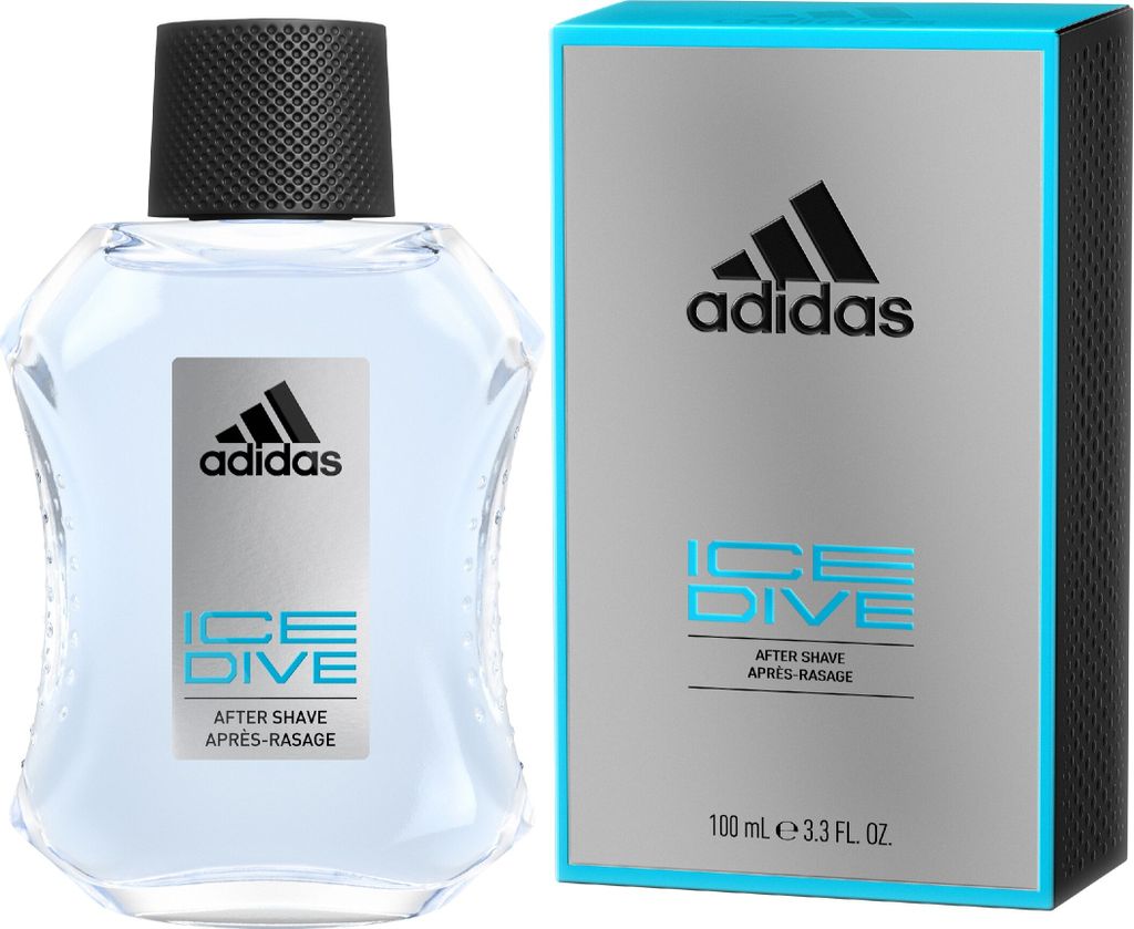 A bottle of Adidas Ice Dive After Shave and its packaging are displayed side-by-side against a white background.