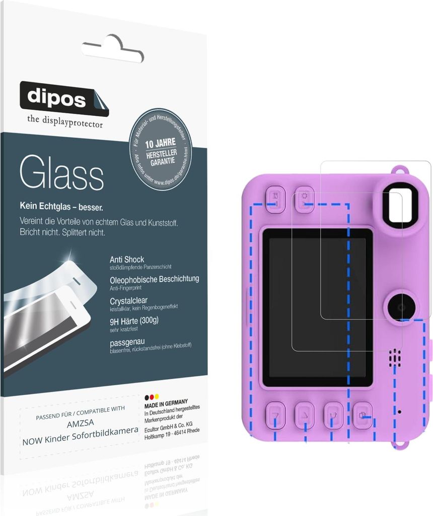 2x Schutzfolie für AMZSA NOW Kinder Sofortbildkamera - Anti-Shock 9H Folie dipos Glass Kunststoffglas