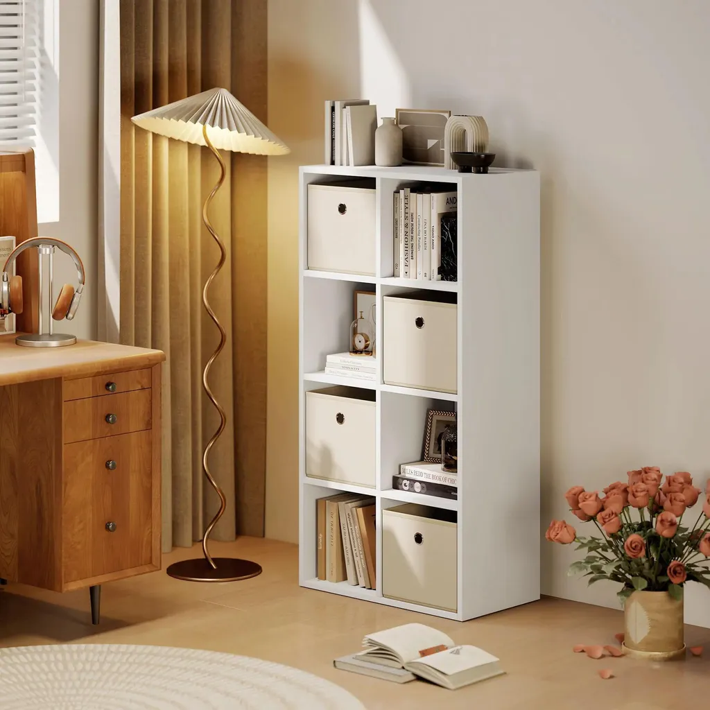 Étagère cubique ivoire 105,9 x 30 x 53,7 cm avec tiroirs en tissu