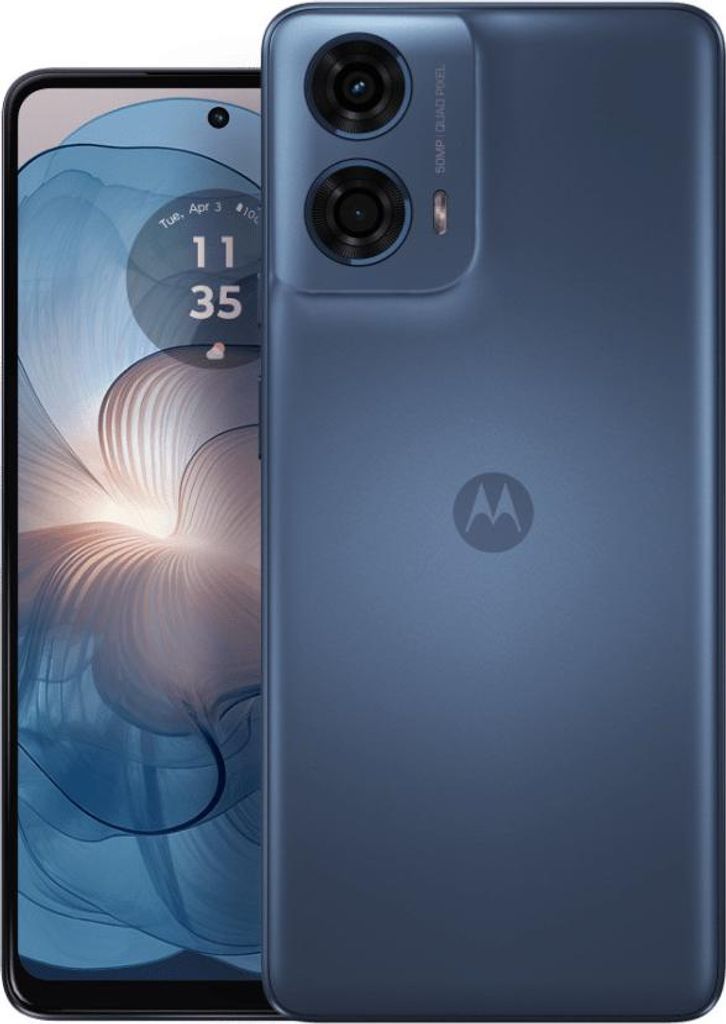 A blue Motorola smartphone is shown from the front and back, with the screen displaying the time and date.