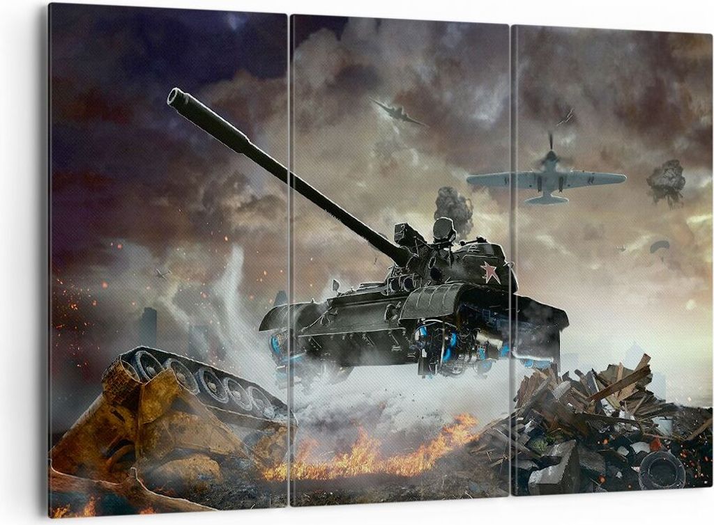 Bild auf Leinwand - Leinwandbild - Krieg Panzer Airplain Schlacht - 165x110cm - Wand Bild - Wanddeko - Leinwanddruck - Bilder - Kunstdruck - Leinwa...