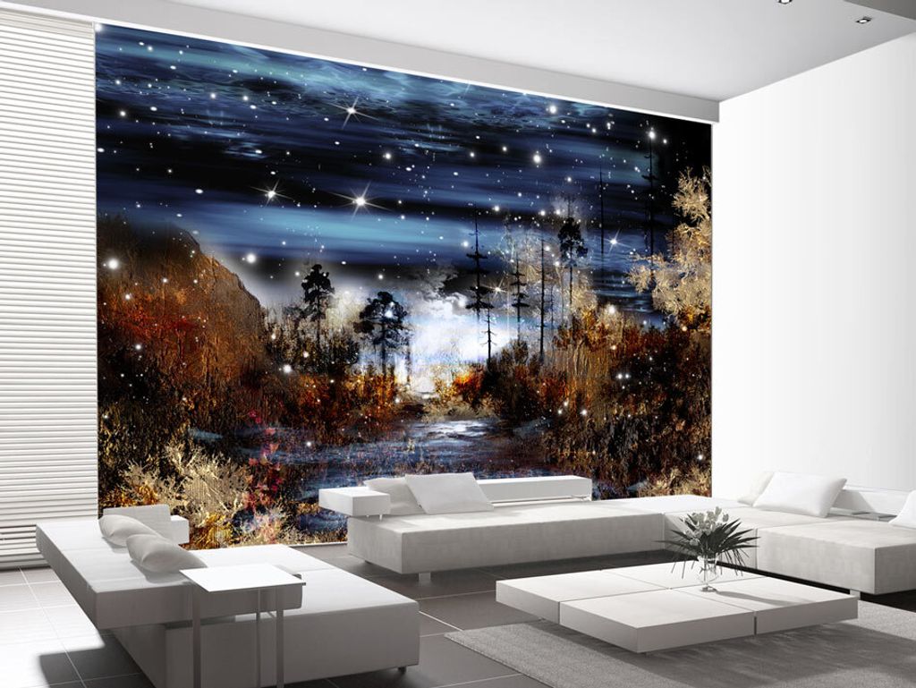 Vlies Fototapete 400x280 cm Tapeten Wandtapete XXL Landschaft Wald Nacht c-A-0038-a-b