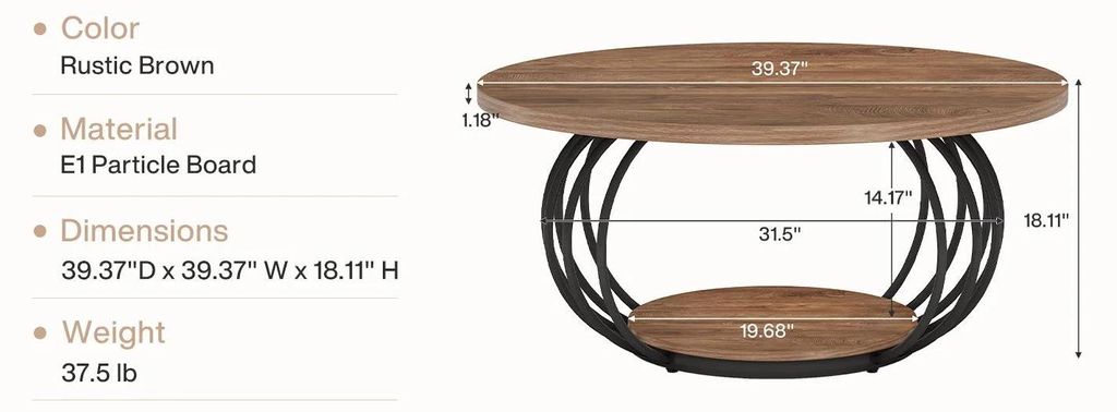 Runder Couchtisch Wohnzimmer - Industrial Holztisch - 2 Ebenen mit Ablage - Ø100 cm Höhe 46 cm - Mit Stauraum - Braun Schwarz