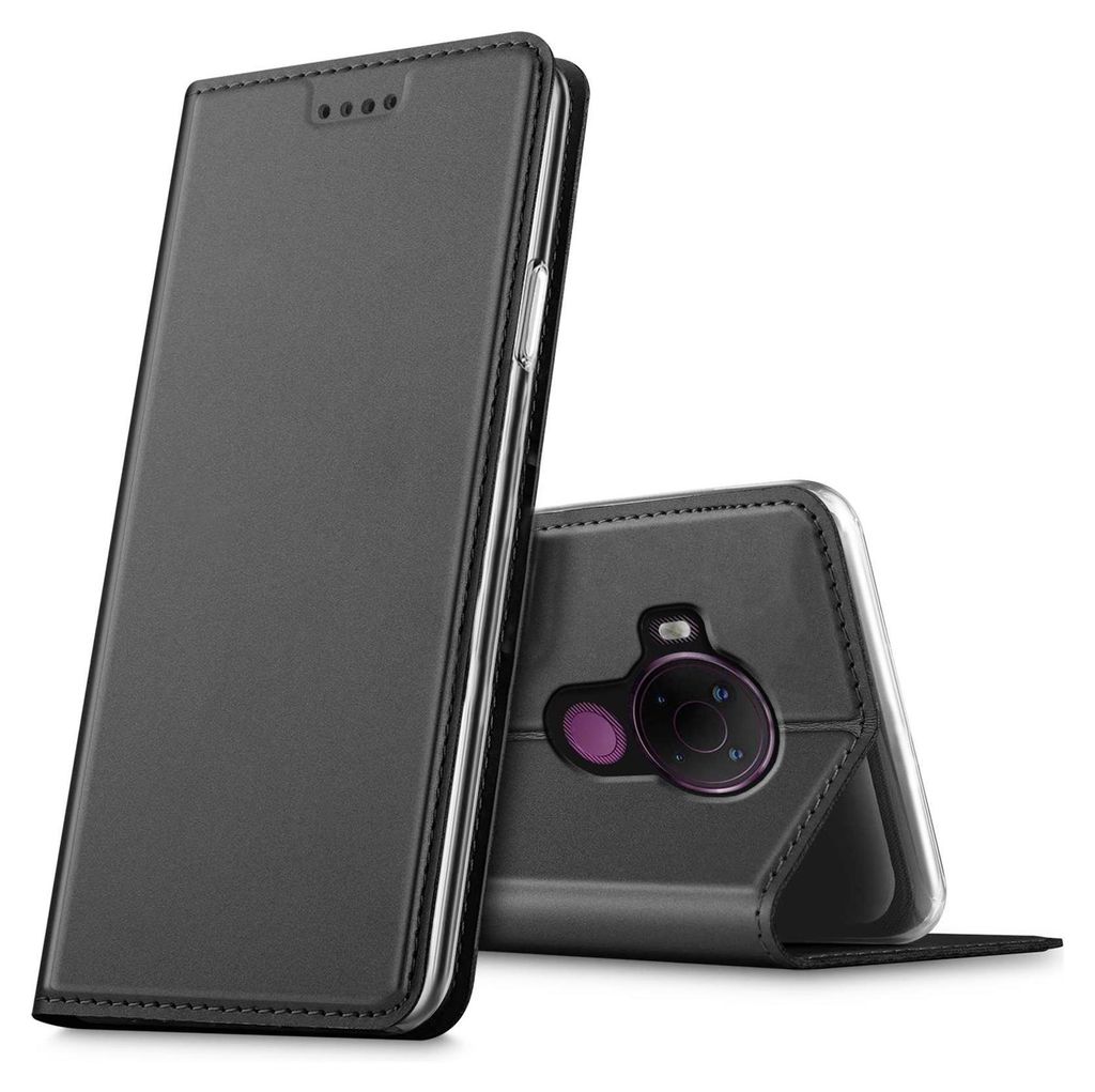 A black flip case for a smartphone is shown from two angles against a white background.