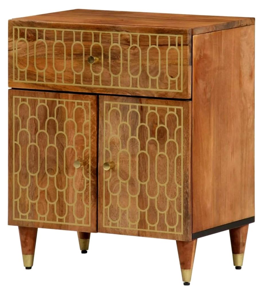 Nachttisch aus massivem Mango-Holz 50x33x60 cm, honigbraun mit handgeschnitztem Blumenmuster, Beistelltisch mit Schublade und Türen für praktisch...