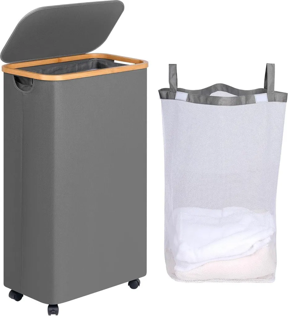 Bac à Linge Roulant 75L avec Poignées Bambou et Sac Intérieur Amovible