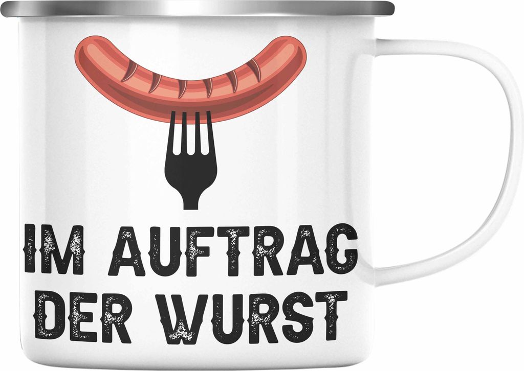 Trendation - Grillen Emaille Tasse Geschenk Männer Steak Liebhaber Grillen Geschenkidee Vater BBQ (Silber)
