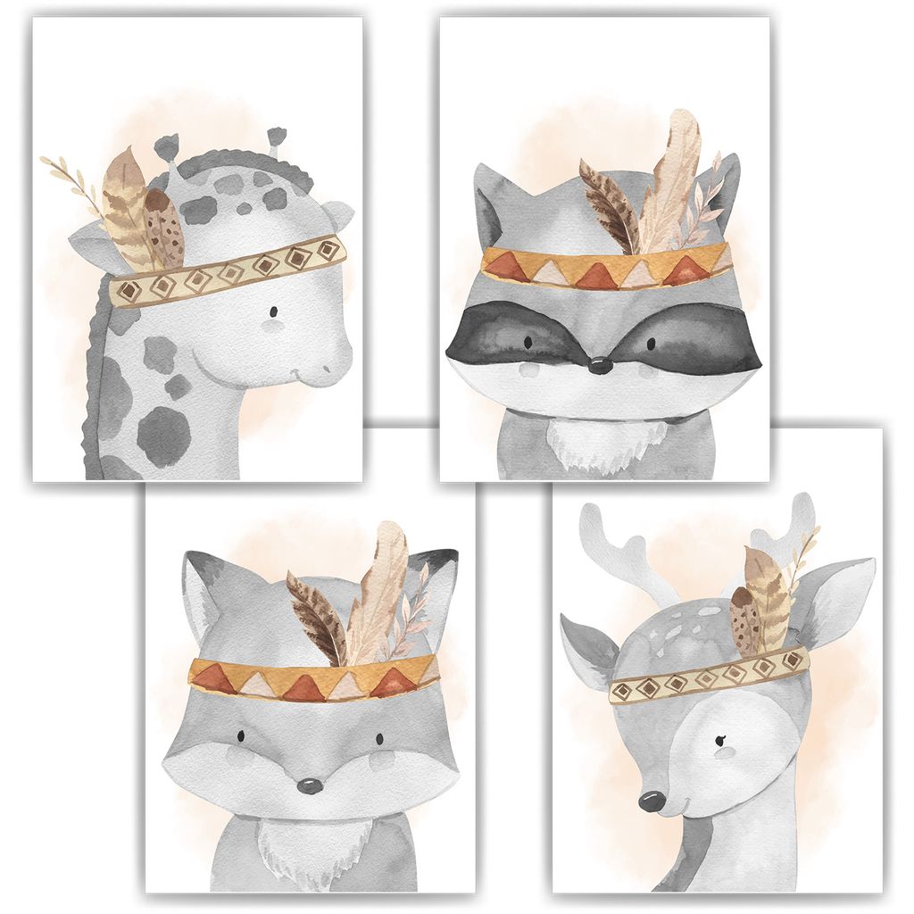 Indianer Tiere Bilder 4er Set DIN A4 Kinderzimmer Wandbilder Babyzimmer Poster Dekoration - Giraffe Waschbär Fuchs Reh