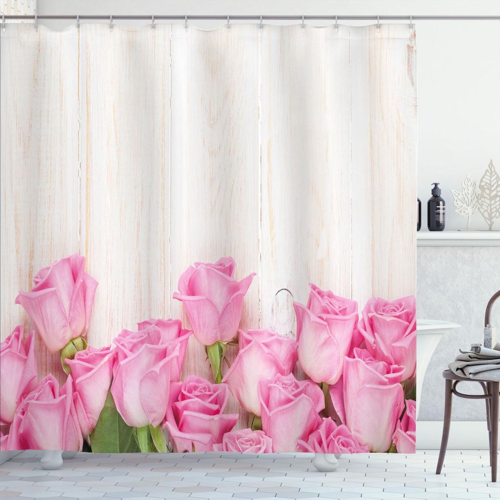 ABAKUHAUS Rose Duschvorhang, Blumenstrauss Blütenzeit Blätter auf Holzplanken Rustikal Valentinstag Foto, 175 x 220 cm, Creme Grün Rosa