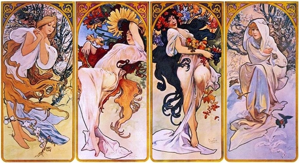 Legendarte - Kunstdruck auf Leinwand - Die Vier Jahreszeiten Alphonse Mucha - Wanddeko, Canvas cm. 160x90 (4 Stück)