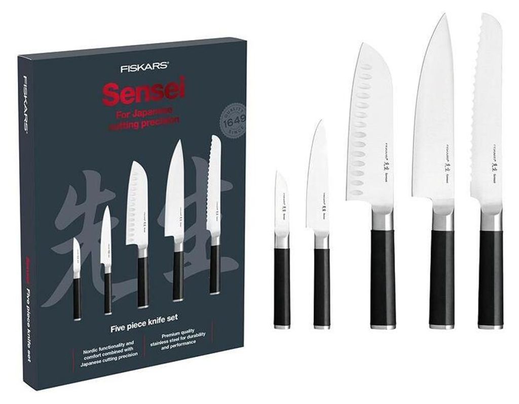 A Fiskars Sensei 5-piece knife set is shown in its packaging, with the knives also displayed separately.