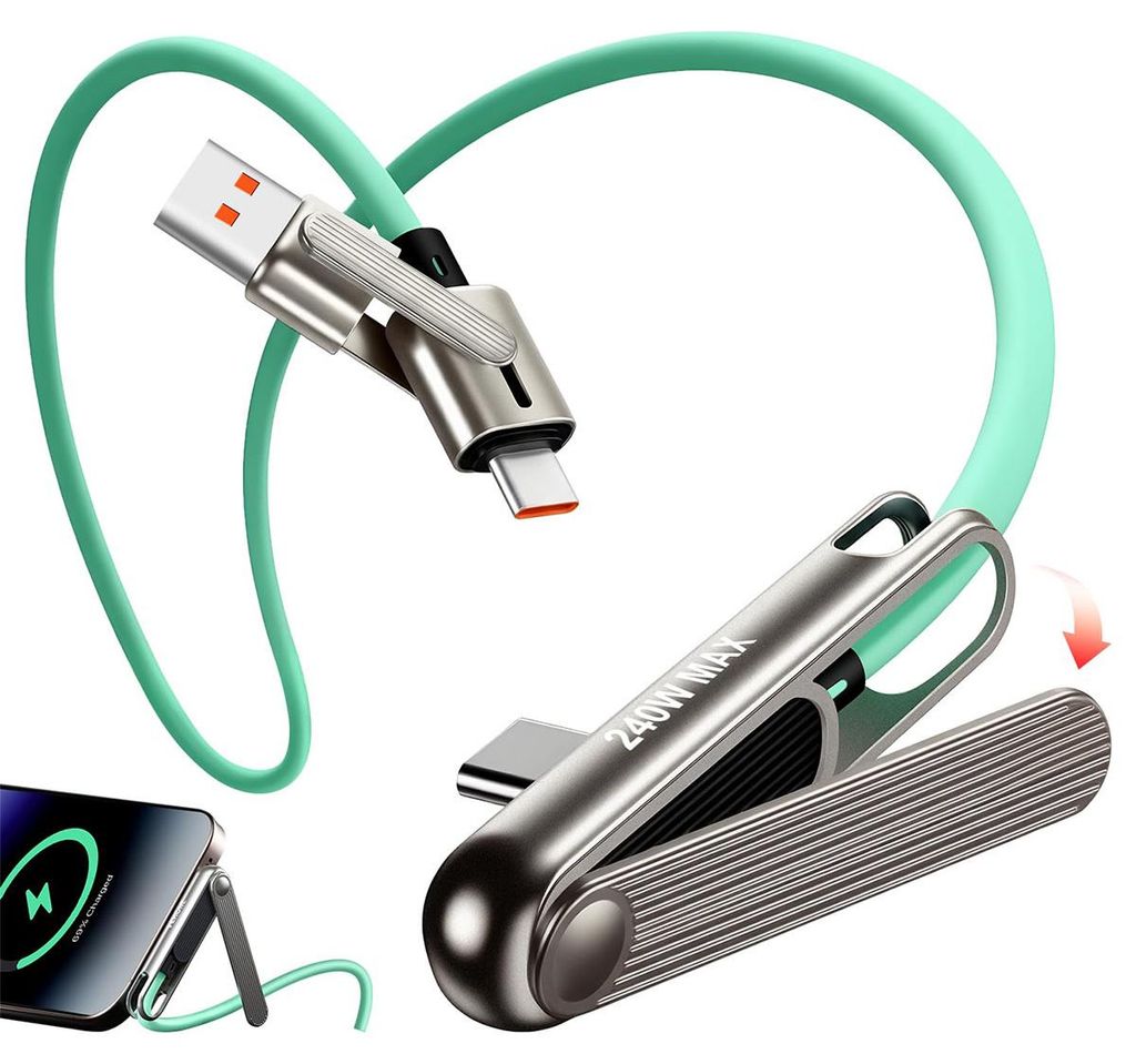 2-in-1 Halterungs Ladekabel USB-C – Unsichtbarer Ständer mit Dual-Head Design | 240W seitliches Ladegerät für Mobiltelefone