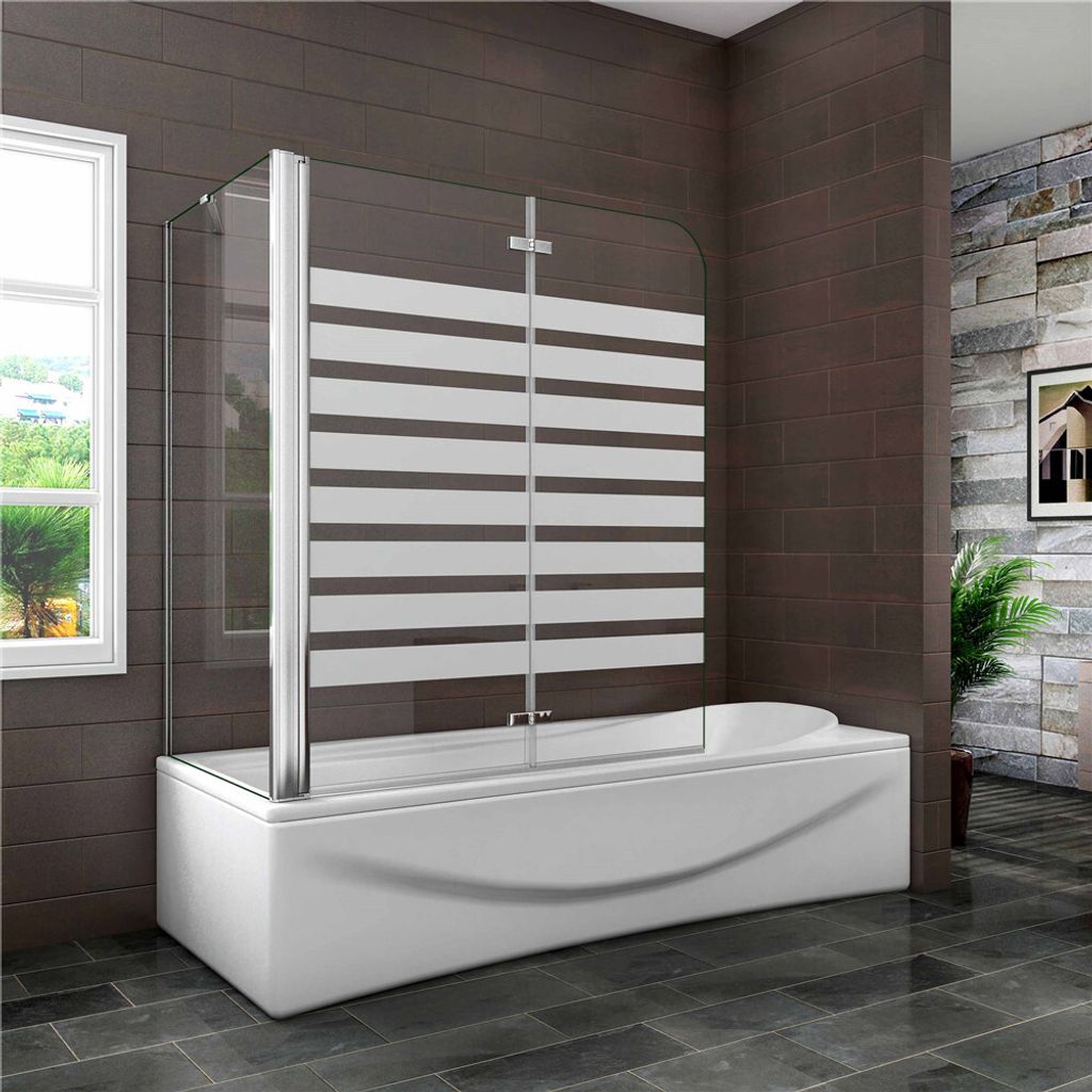 Badewannenaufsatz Links Montage 120X140cm Duschabtrennung Faltwand 2-teilig Streifen Satiniert Duschwand mit 75cm Seitewand