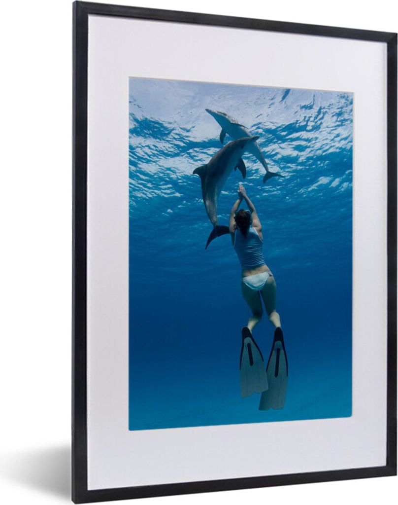 MuchoWow MuchoWow Gerahmtes Poster Delphin - Tauchen - Wasser 30x40 cm - Poster mit zchwarzem Bilderrahmen - Wandposter Schlafzimmer