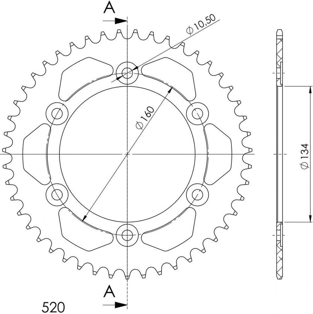 Alu-Kettenrad Supersprox 520 - 49Z (schwarz) RAL-1308:49-BLK|ID 134,0 LK 160,0 6-Loch