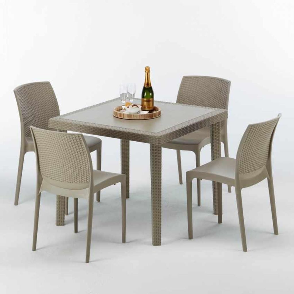 Polyrattan Tisch Quadratisch mit 4 Bunten Stühlen 90x90 Beige Elegance