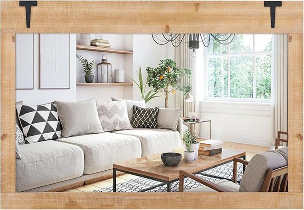 Wandspiegel mit Holzrahmen, 97 cm x 67 cm großer rechteckiger Spiegel mit Metallhaken, vertikale und horizontale Montage, dekorativer Kosmetikspiegel