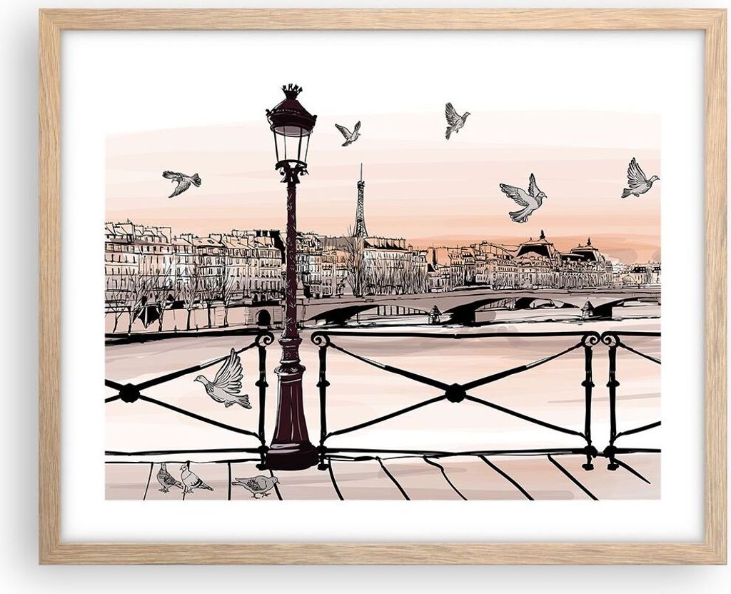 Gerahmtes Poster - Rahmen in heller Eiche - frankreich Taube Grafiken Illustration - 50x40 cm - Wand Bild - Wanddeko - Wandbilder - Wandposter - Bi...