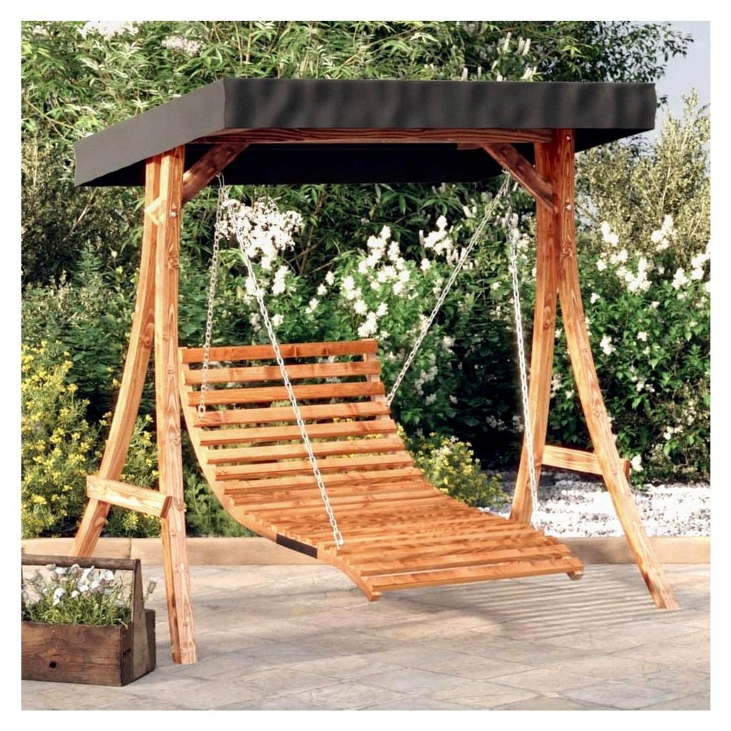 Schaukelbett mit Baldachin aus massivem Fichtenholz und Teakholz-Finish