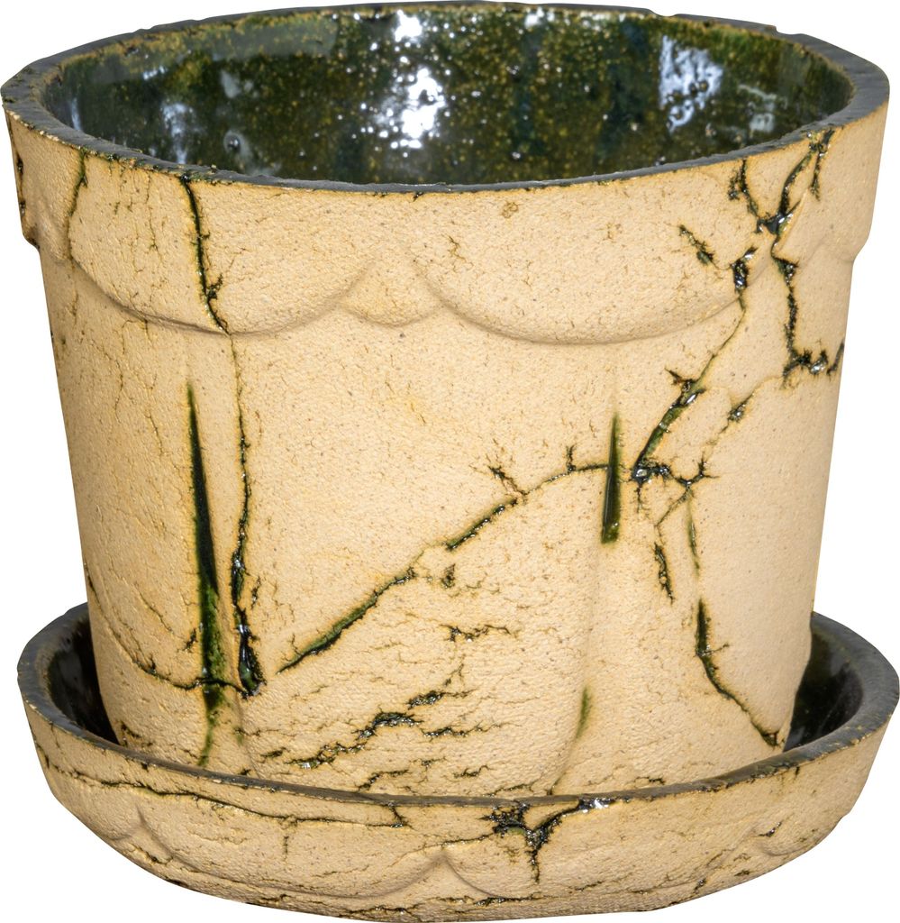 PLATINUX Steingut Blumentopf mit Untersetzer & Abflussloch 14,6x12,3cm Blumenkübel Steinoptik Grün Groß Handmade