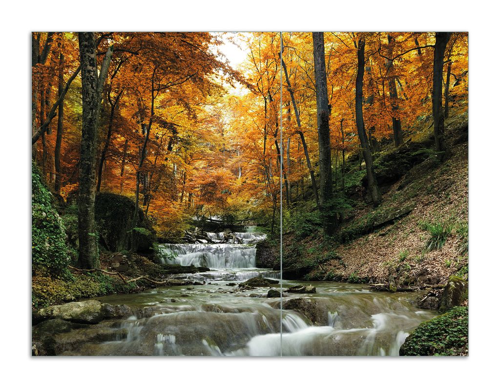 Wallario Herdabdeckplatte aus Glas, Größe 70 x 52 cm 2-teilig, Motiv Kleiner Bach über Steine im Herbstwald