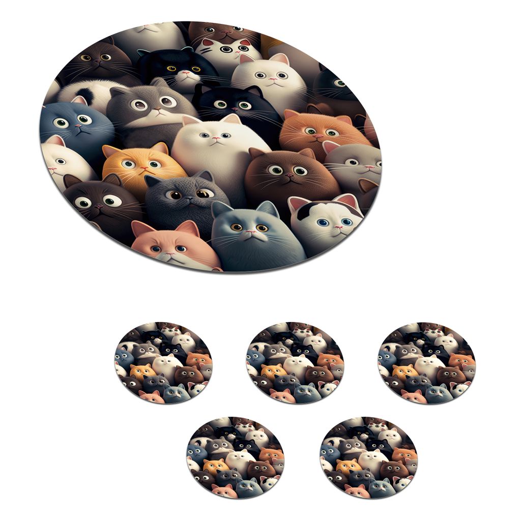 KitchenYeah Glasuntersetzer Rund 6er Set Katze - Tiere - Katze - Muster - Junge - Mädchen 10x10 cm Untersetzer für Gläser - Getränkeunterset...