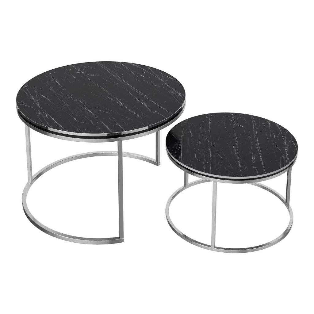 In And OutdoorMatch Couchtisch Jared – 2er-Set – rund – Marmor schwarz und silber – Spanplatte und Metall – stilvolles Design
