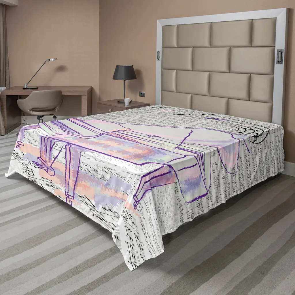 ABAKUHAUS Lenzuolo per letto Pianoforte, design musicale, arte astratta, disegno a mano, stampa doodle, bicolore, morbido e confortevole, lenzuolo superiore per un letto decorativo, 1 pezzo, 266 cm x 260 cm, beige e viola