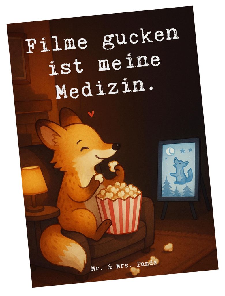 Mr. & Mrs. Panda Postkarte Fuchs Filme gucken Design - Weiß - Geschenk, Fernsehen, Kino, Postkarten, Grußkarte, Filmabend, TV, Ansichtskarten, An...