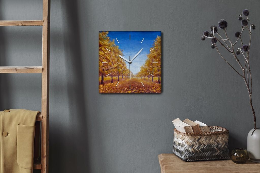 Coloray Hodiny Unikátní 30x30 cm Tiché hodiny Pro obývací pokoj a kuchyň Nástěnné hodiny Plátno Bílé ručičky hodin - Stromy na podzim