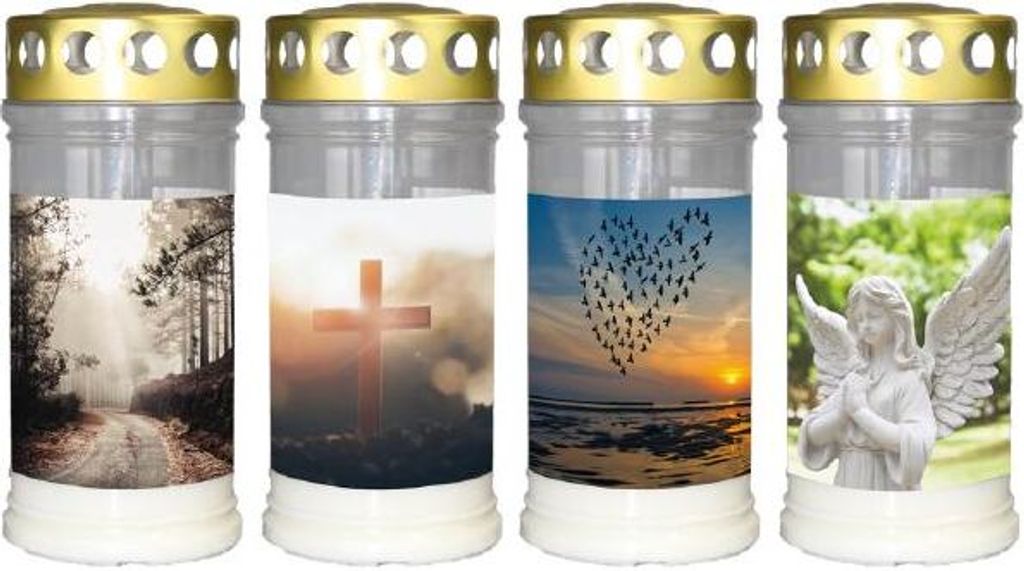 Grablichter mit Motive, 12er Set sortiert, Brenndauer 4 Tage