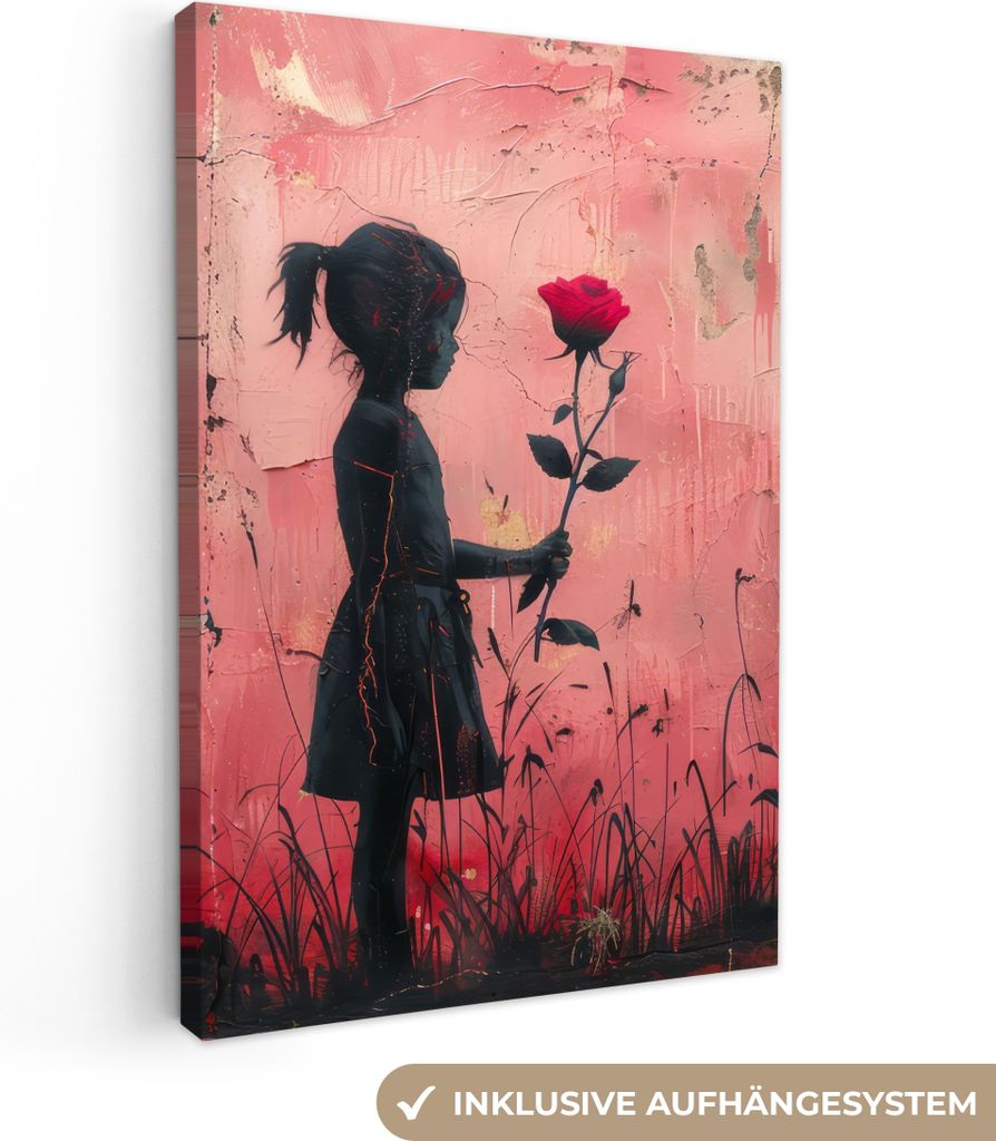 Wanddeko 40x60 cm - Banksy - Mädchen - Rosa - Straßenkunst - Rose, Wandbilder, Wanddeko Wohnzimmer