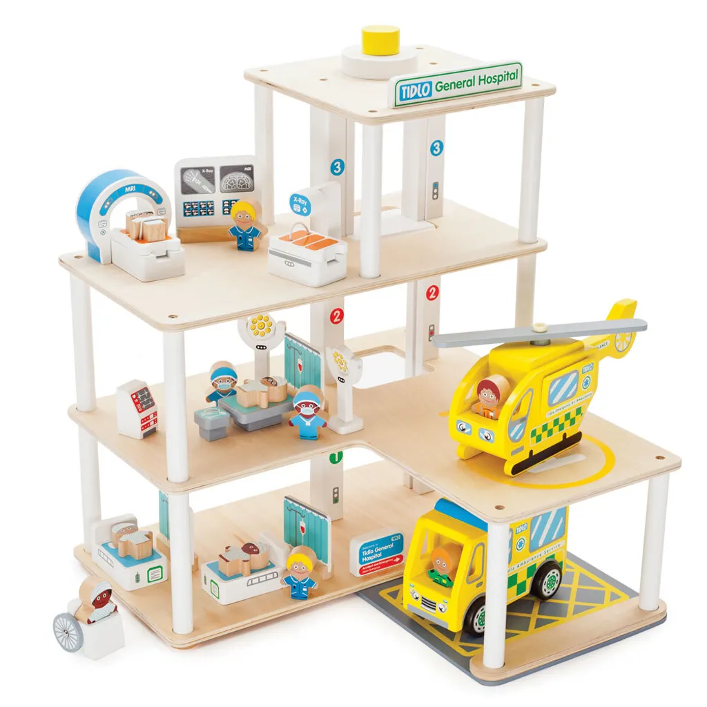 Grand hôpital de jeu Tidlo en bois naturel comprenant 30 accessoires