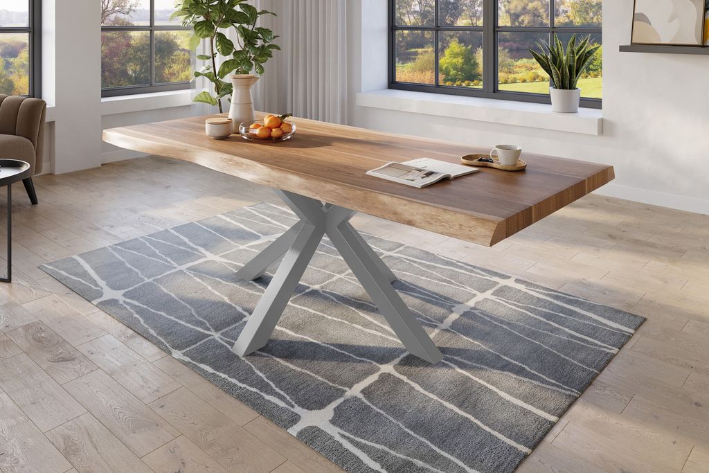 Baumkantentisch 200 x 110 cm Esstisch massiv Akazie Natur Spider-Gestell Silber TITAN