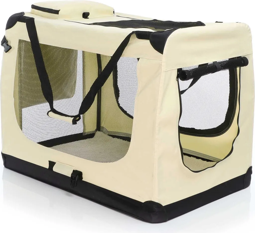 Fudajo Box pieghevole per cani, gatti XXXL (101x68x70cm), robusto, leggero, sicuro, box per cani con maniglia di trasporto e coperta, beige