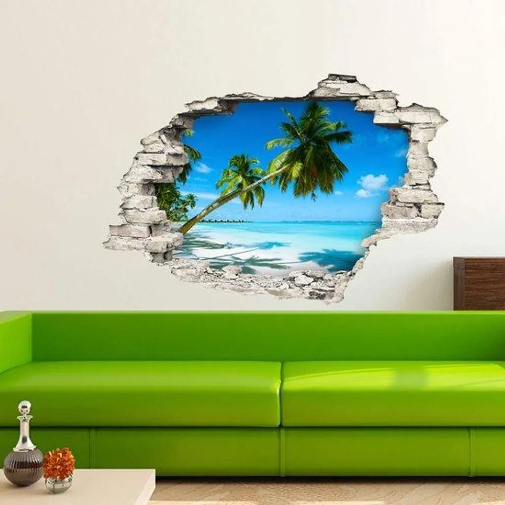 Décoration chambre et salon : Sticker mural 3D vue mer et jungle 90cm