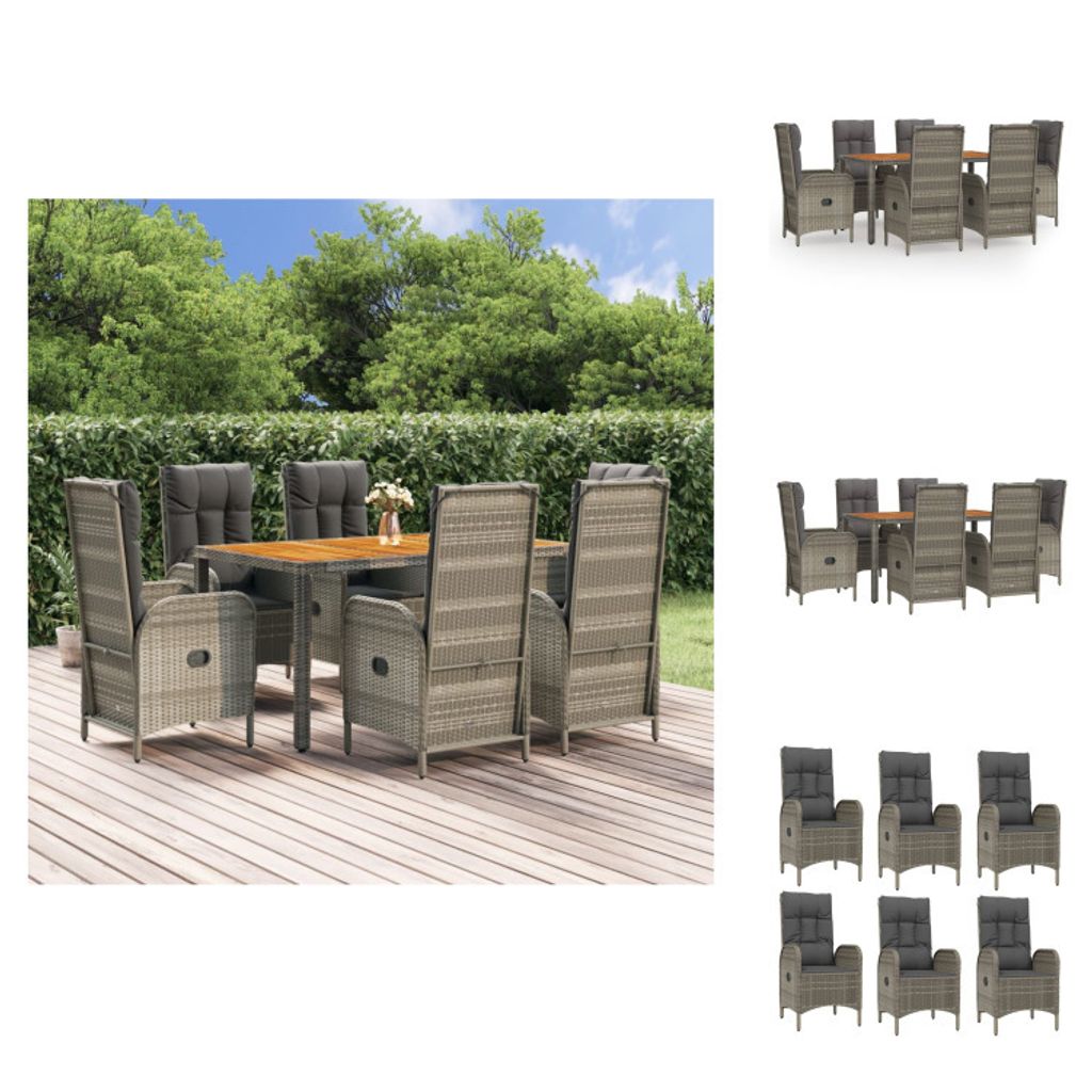 vidaXL 7-tlg. Garten-Essgruppe mit Kissen Grau Poly Rattan - Gartenmöbel-Sets