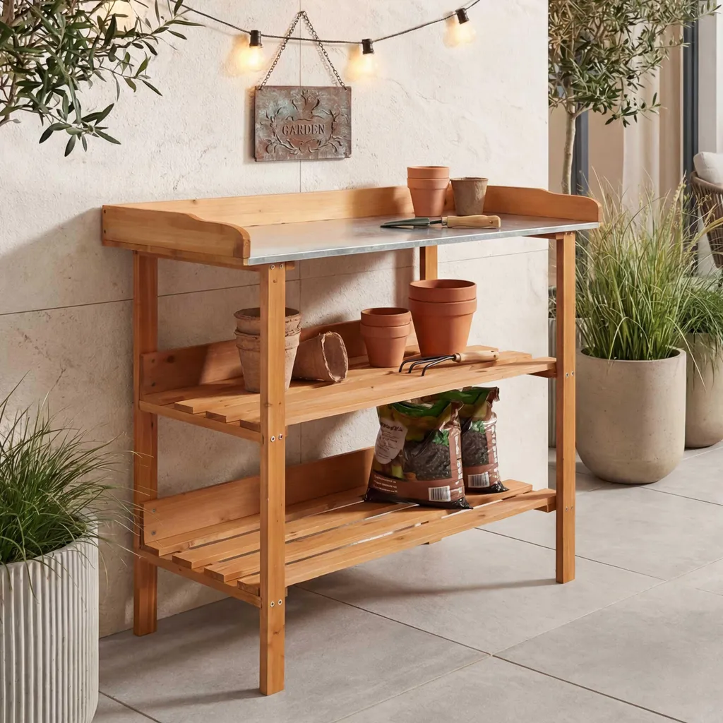 Table à plantes HWC-O14 en bois de sapin naturel Outdoor 86x92x41cm