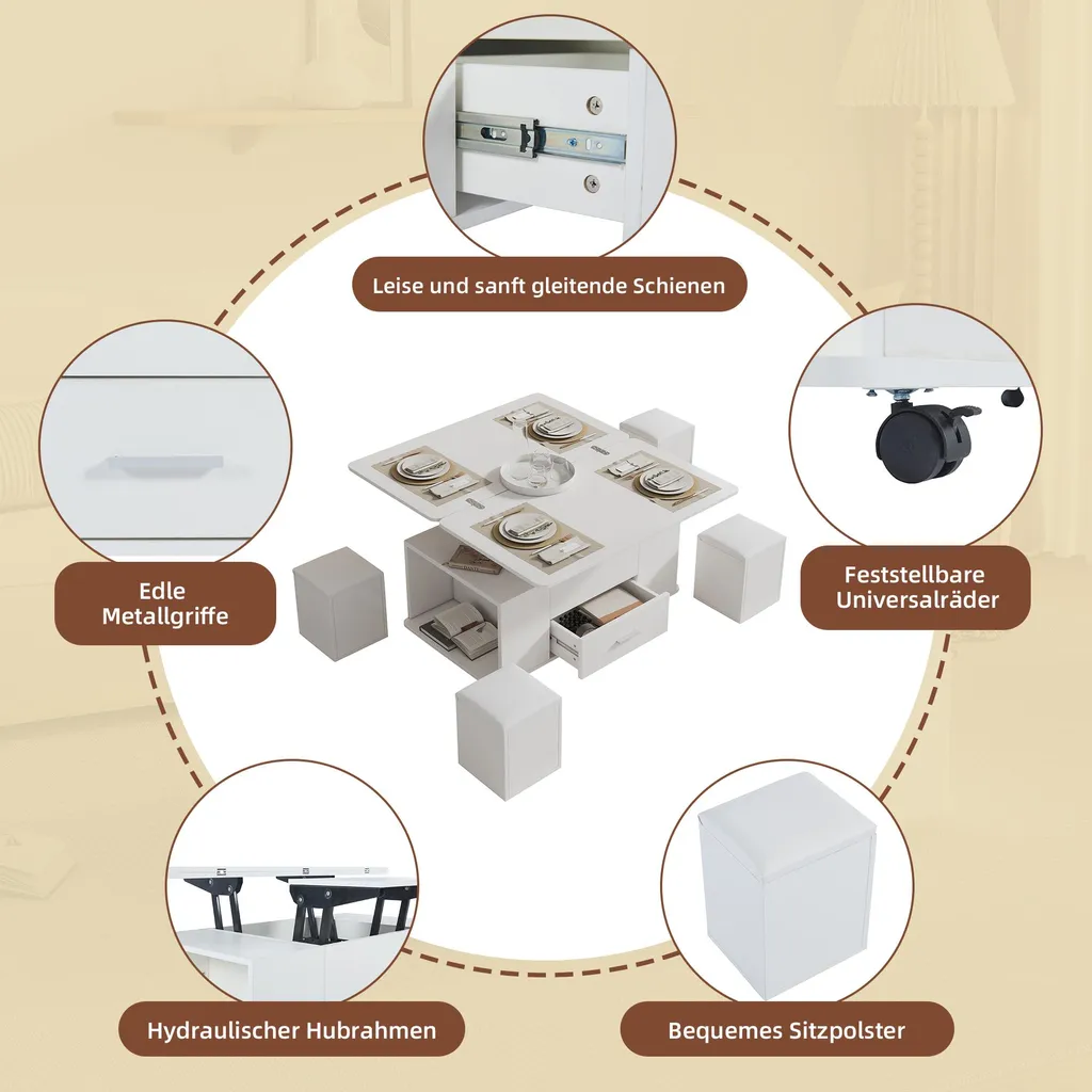 Sweiko Table Basse Réglable en Hauteur et Mobile avec 4 Tabourets Blanc - 13