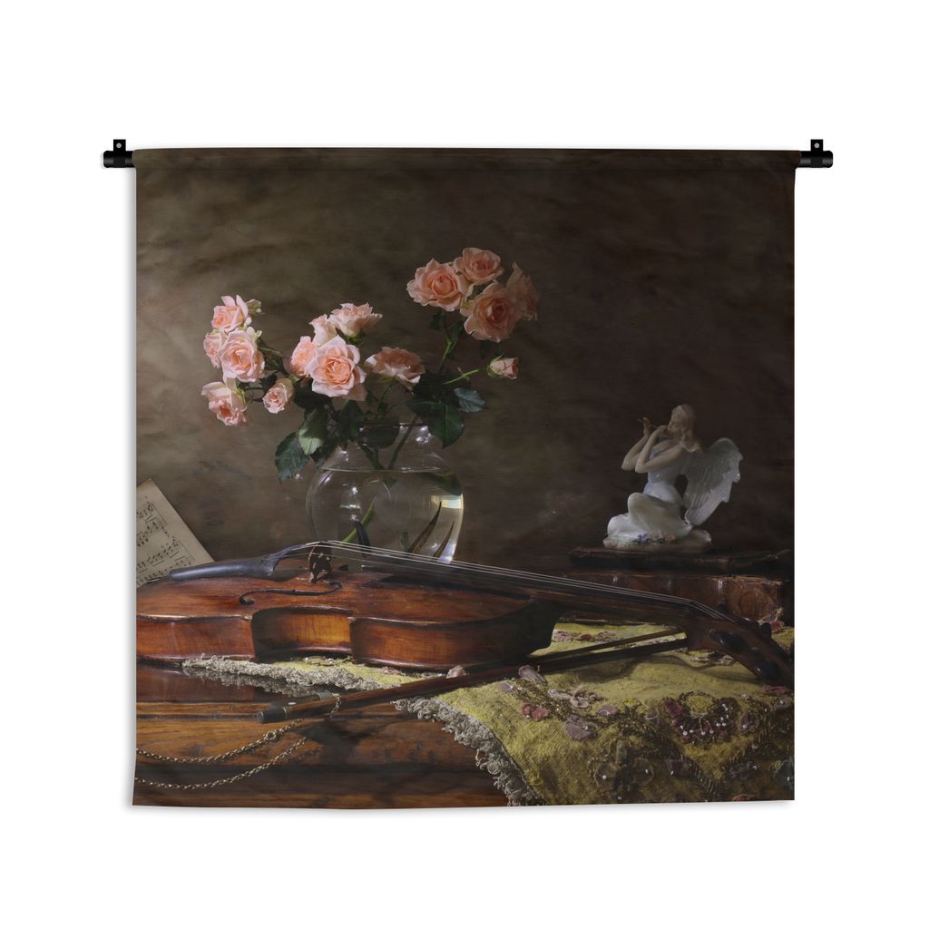 MuchoWow Wandteppich Wandbehang Geige - Stilleben - Blumen 90x90 cm Tapisserie Dekoration Wandtuch - Wandaufhänger