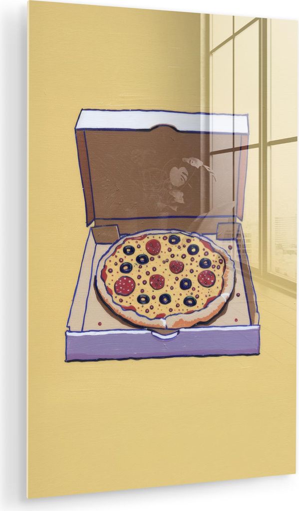 MuchoWow Glasbilder - Bilder auf Wandbild - Foto auf Glas Pizza - Schachtel - Salami - Illustration 20x30 cm Wanddekoration aus Glas - Acrylglasbil...