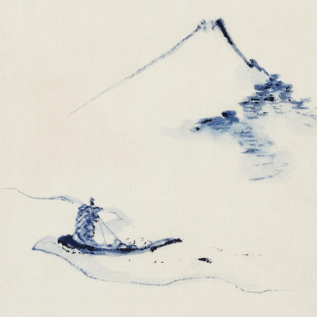 Plakat 50x50cm Eine Person in einem kleinen Boot, Hokusai Vintage für das Wohnzimmer