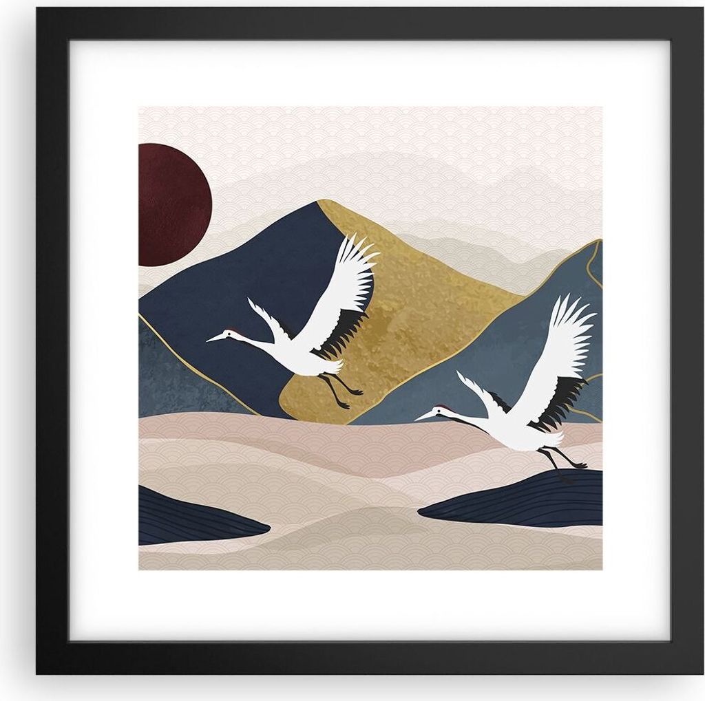 Gerahmtes Poster - Schwarzer Rahmen - Kraniche Berge Sonne - 30x30 cm - Wand Bild - Wanddeko - Wandbilder - Kunstposter - Wandposter - Bilderrahmen...
