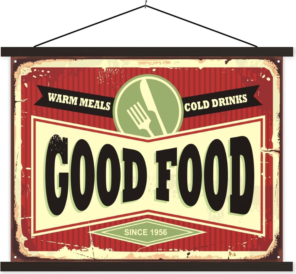 MuchoWow Textilposter Essen - Jahrgang - Restaurant - Zeichnung 120x90 cm mit schwarzem Rahmen - Aufhänger für Poster
