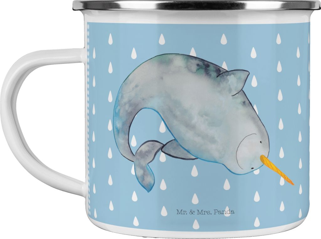 Mr. & Mrs. Panda Emaille Tasse Narwal - Blau Pastell - Geschenk, Kinderzimmer, Reisebecher, Aufräumen, Hausfrau, Teetasse, Putzen, Emailletasse, M...