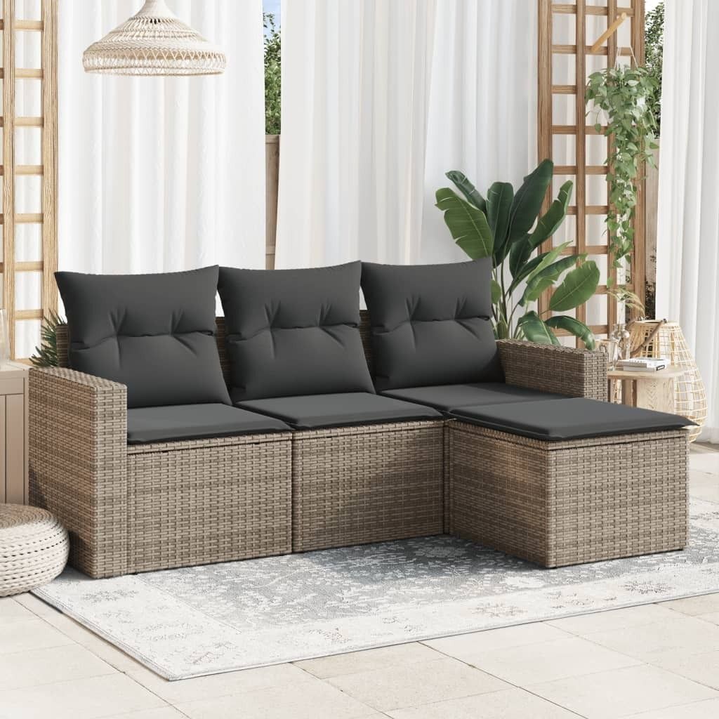 4-tlg. Garten-Sofagarnitur mit Kissen Grau Poly Rattan, Sitzgruppe 3218860