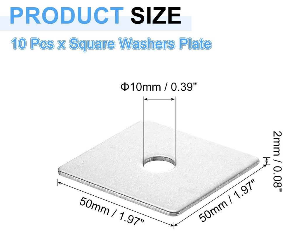 10 Stš¹ck Quadratische Unterlegscheiben M10 x 50 x 50 x 2 mm, 201 Edelstahl Dichtscheiben Silber Wei? Vierkantscheiben, Flache Beilagscheiben fš...